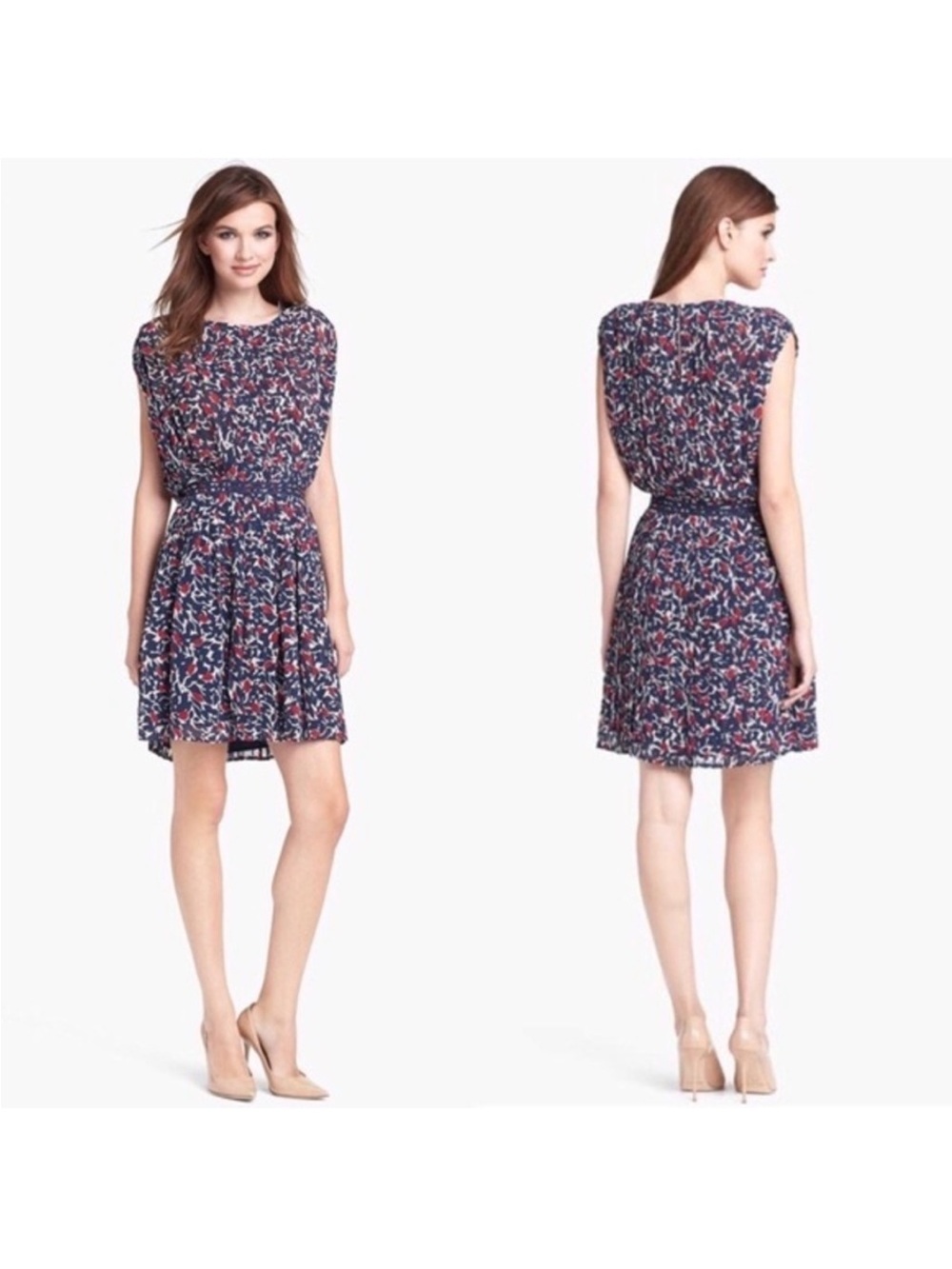 Joie Halsette Silk Navy Pleated Skirt Floral Dress NWT